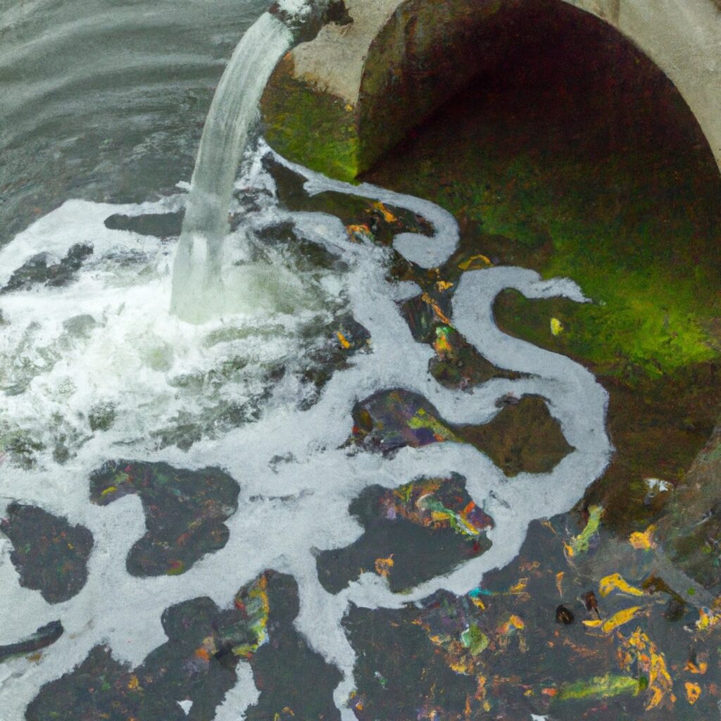 Foamy, oily wastewater pouring from a storm drain pipe, showing the risk of improper bin cleaning wash water disposal